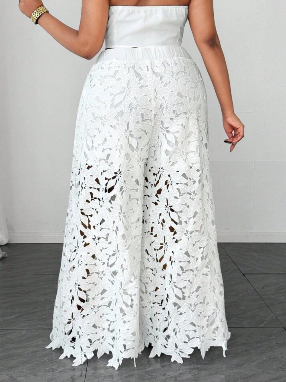 White Casual French Romantic Women's Plus Size Floral Lace Wide-Leg Pants Waist - Picture 2 of 6